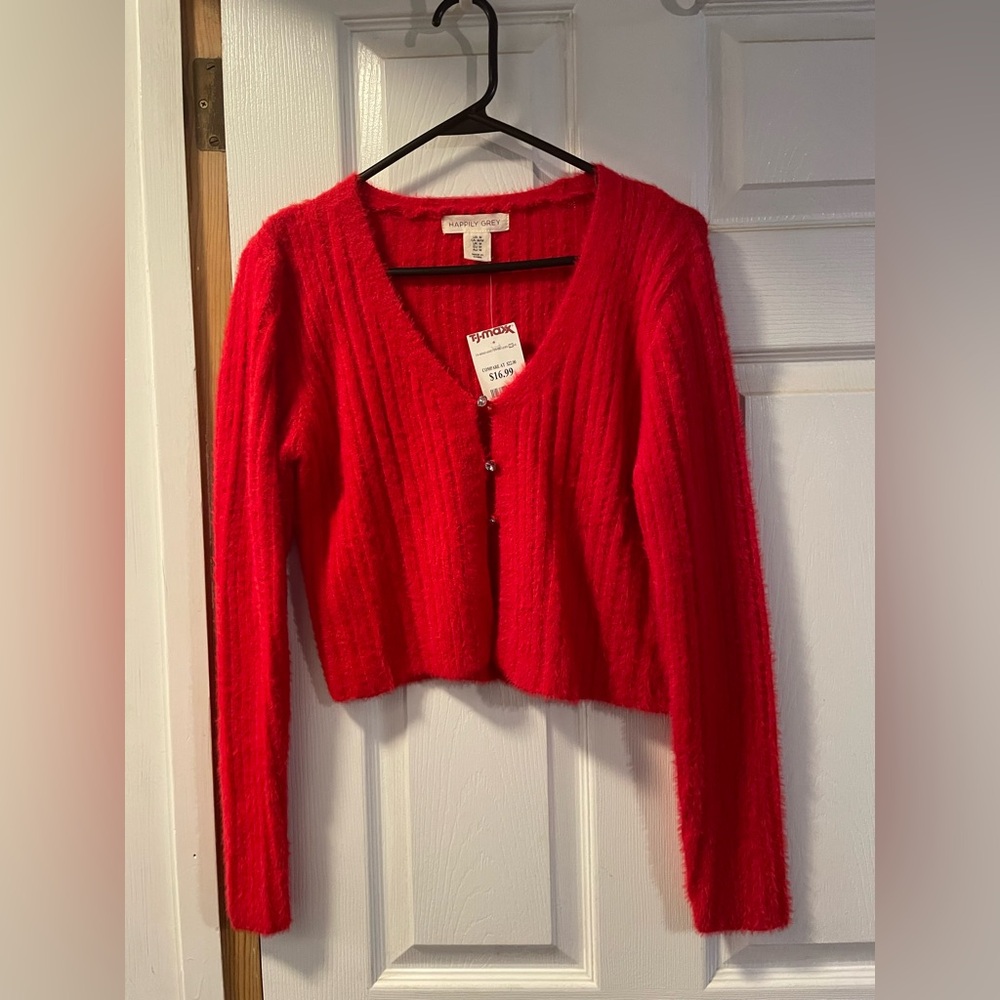 Happily grey Red V-Neck Cardigan sweater with diamond buttons